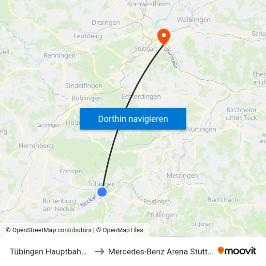 Tübingen Hauptbahnhof to Mercedes-Benz Arena Stuttgart map