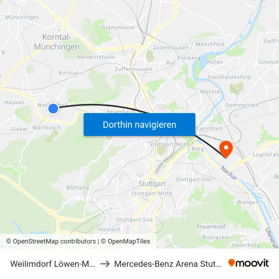 Weilimdorf Löwen-Markt to Mercedes-Benz Arena Stuttgart map