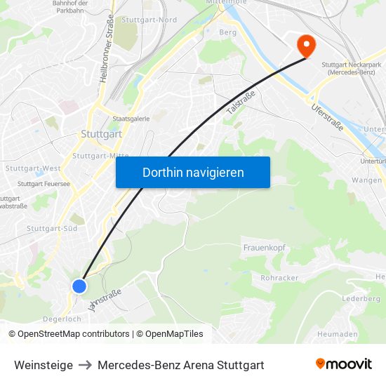 Weinsteige to Mercedes-Benz Arena Stuttgart map