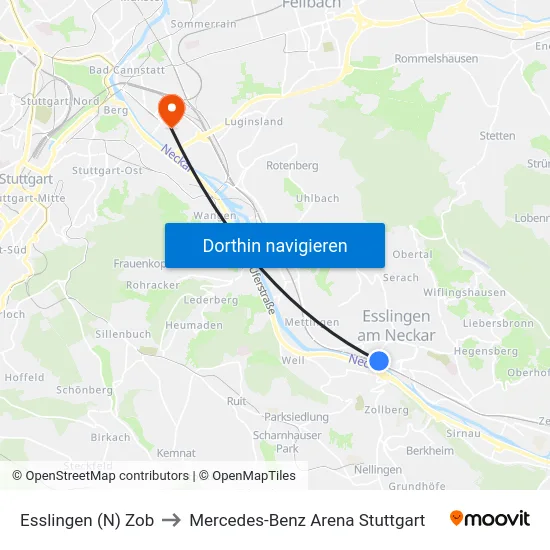 Esslingen (N) Zob to Mercedes-Benz Arena Stuttgart map