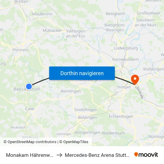 Monakam Hährenwald to Mercedes-Benz Arena Stuttgart map