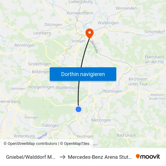 Gniebel/Walddorf Metric to Mercedes-Benz Arena Stuttgart map