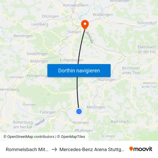 Rommelsbach Mitte to Mercedes-Benz Arena Stuttgart map
