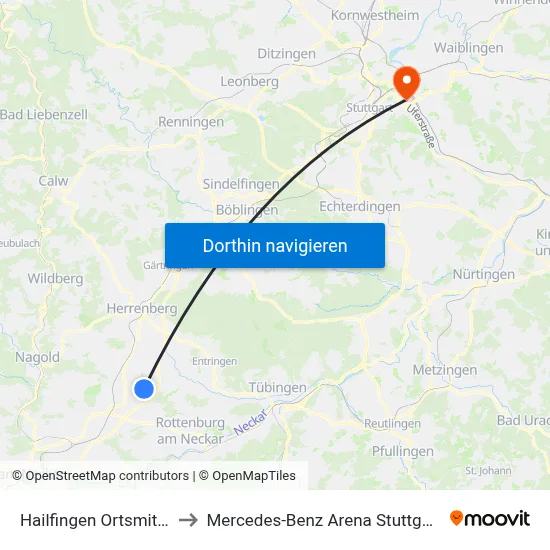 Hailfingen Ortsmitte to Mercedes-Benz Arena Stuttgart map