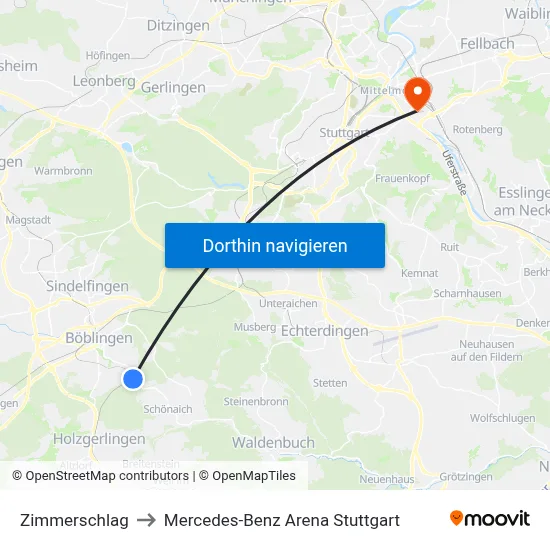 Zimmerschlag to Mercedes-Benz Arena Stuttgart map