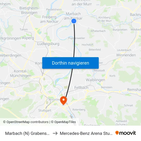 Marbach (N) Grabenstraße to Mercedes-Benz Arena Stuttgart map