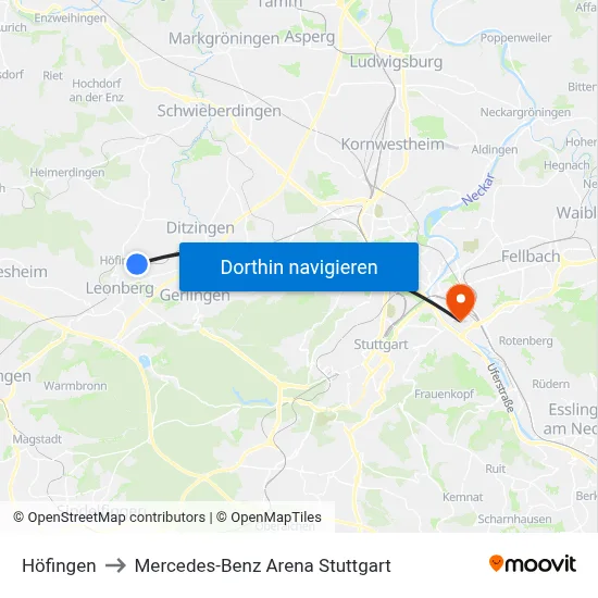Höfingen to Mercedes-Benz Arena Stuttgart map