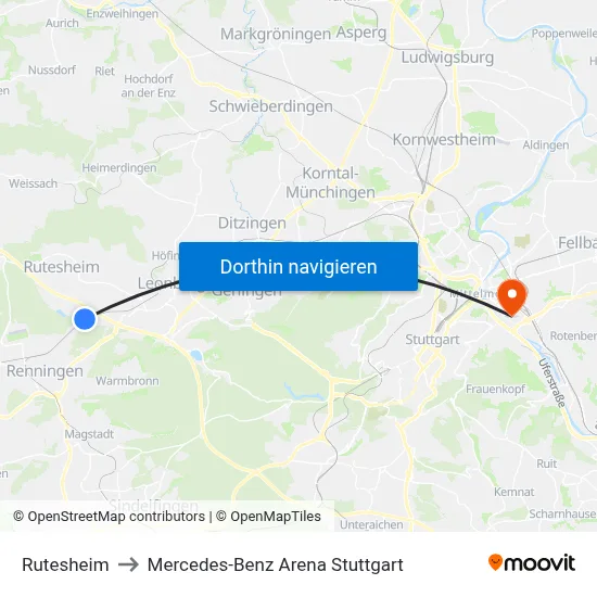 Rutesheim to Mercedes-Benz Arena Stuttgart map