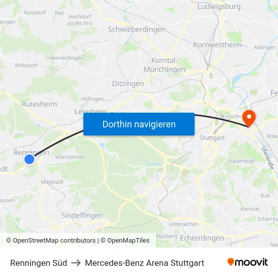 Renningen Süd to Mercedes-Benz Arena Stuttgart map