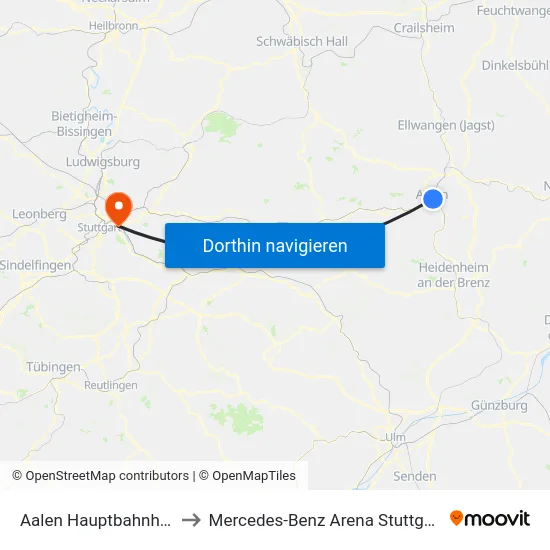 Aalen Hauptbahnhof to Mercedes-Benz Arena Stuttgart map