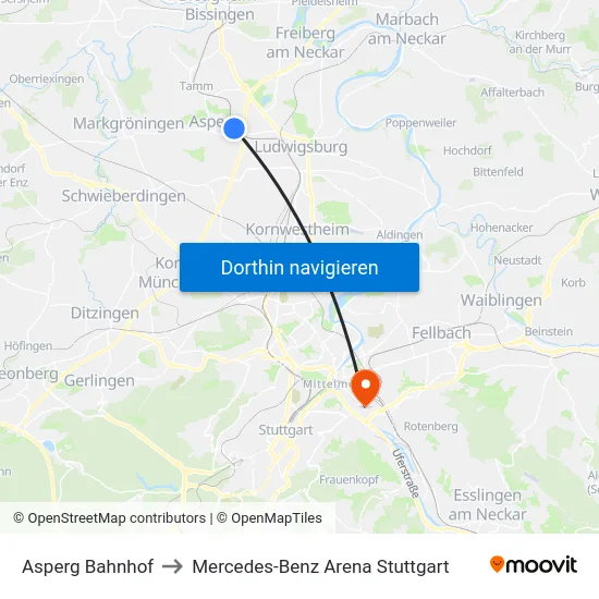 Asperg Bahnhof to Mercedes-Benz Arena Stuttgart map