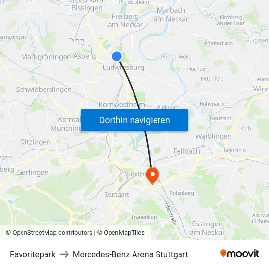 Favoritepark to Mercedes-Benz Arena Stuttgart map