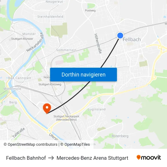 Fellbach Bahnhof to Mercedes-Benz Arena Stuttgart map