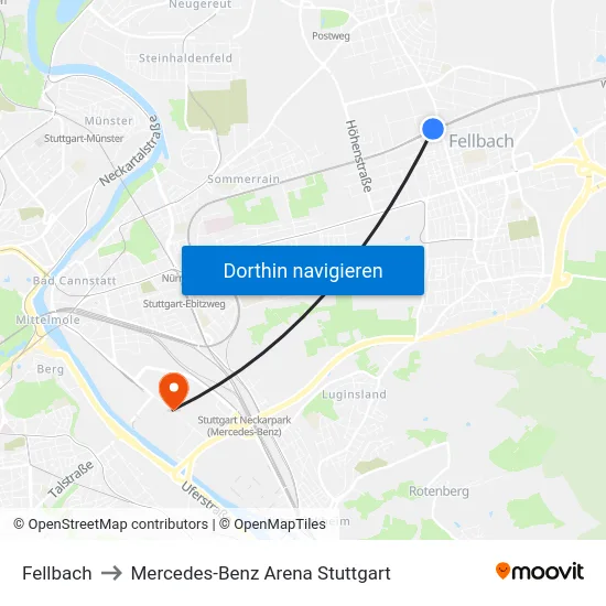 Fellbach to Mercedes-Benz Arena Stuttgart map
