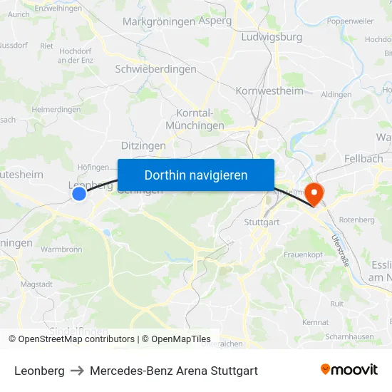 Leonberg to Mercedes-Benz Arena Stuttgart map