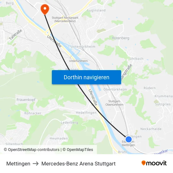Mettingen to Mercedes-Benz Arena Stuttgart map