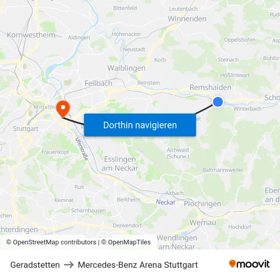 Geradstetten to Mercedes-Benz Arena Stuttgart map