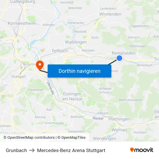 Grunbach to Mercedes-Benz Arena Stuttgart map