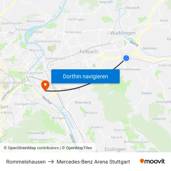 Rommelshausen to Mercedes-Benz Arena Stuttgart map