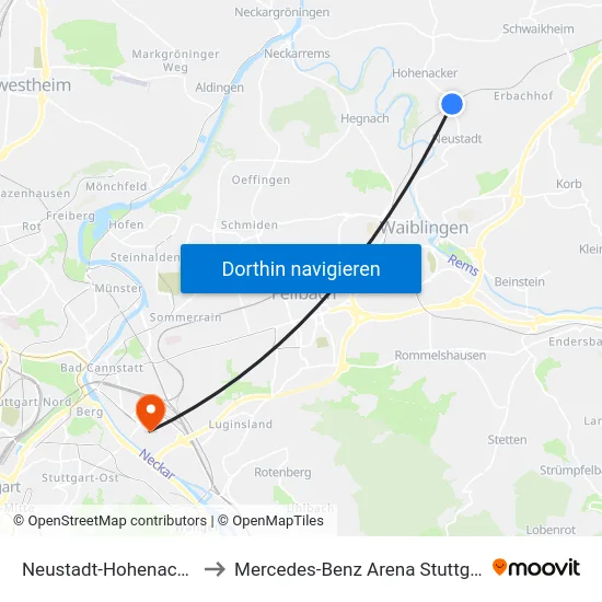 Neustadt-Hohenacker to Mercedes-Benz Arena Stuttgart map