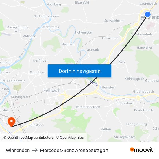 Winnenden to Mercedes-Benz Arena Stuttgart map