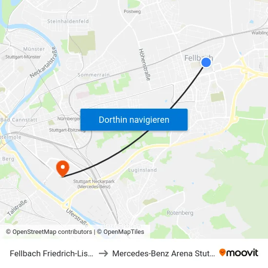 Fellbach Friedrich-List-Str. to Mercedes-Benz Arena Stuttgart map