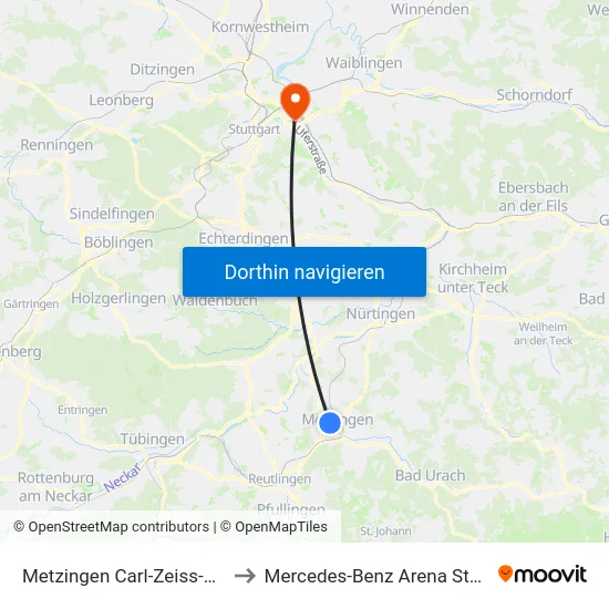 Metzingen Carl-Zeiss-Straße to Mercedes-Benz Arena Stuttgart map