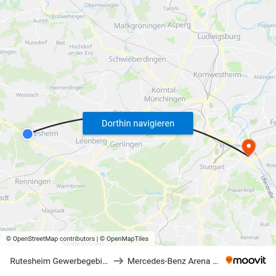 Rutesheim Gewerbegebiet Steige to Mercedes-Benz Arena Stuttgart map