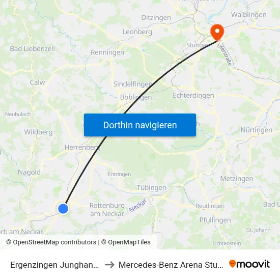 Ergenzingen Junghansring to Mercedes-Benz Arena Stuttgart map