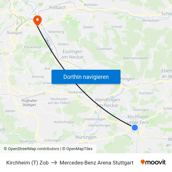 Kirchheim (T) Zob to Mercedes-Benz Arena Stuttgart map