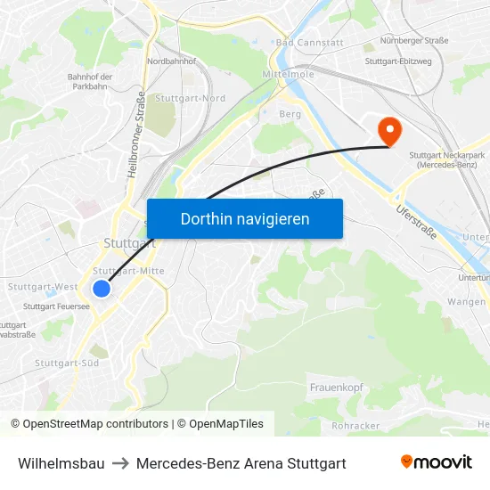 Wilhelmsbau to Mercedes-Benz Arena Stuttgart map
