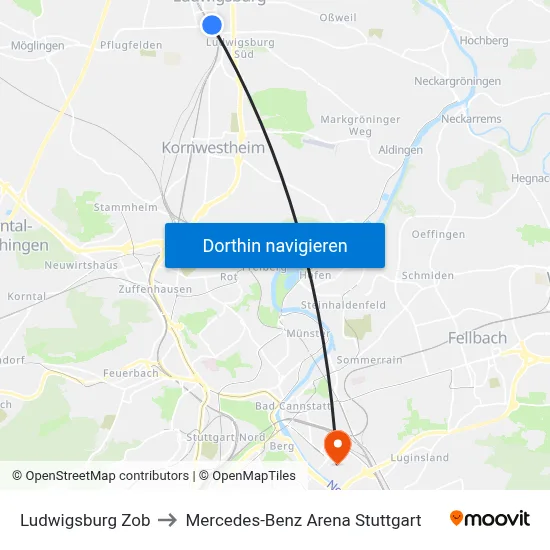 Ludwigsburg Zob to Mercedes-Benz Arena Stuttgart map