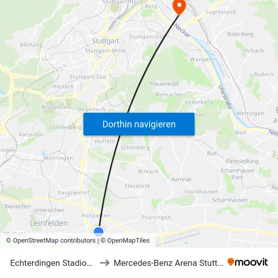 Echterdingen Stadionstr. to Mercedes-Benz Arena Stuttgart map