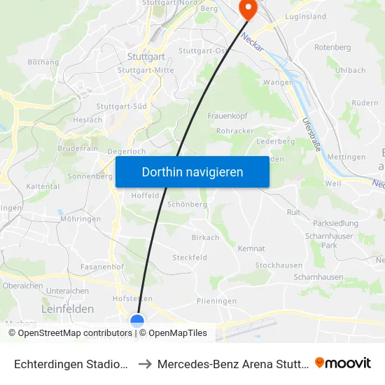 Echterdingen Stadionstr. to Mercedes-Benz Arena Stuttgart map
