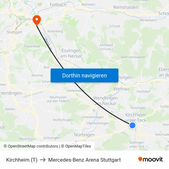 Kirchheim (T) to Mercedes-Benz Arena Stuttgart map
