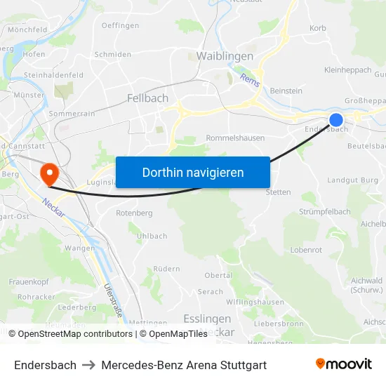 Endersbach to Mercedes-Benz Arena Stuttgart map