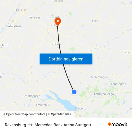 Ravensburg to Mercedes-Benz Arena Stuttgart map