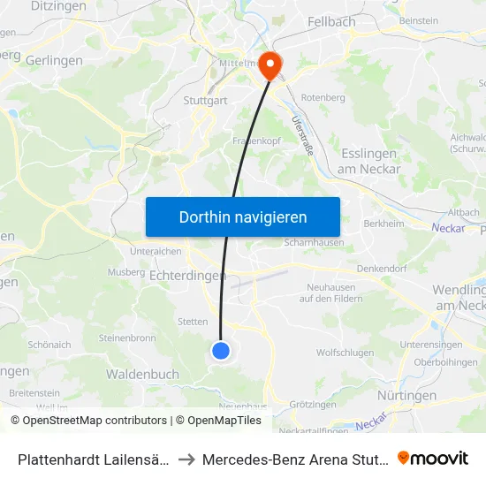 Plattenhardt Lailensäcker to Mercedes-Benz Arena Stuttgart map