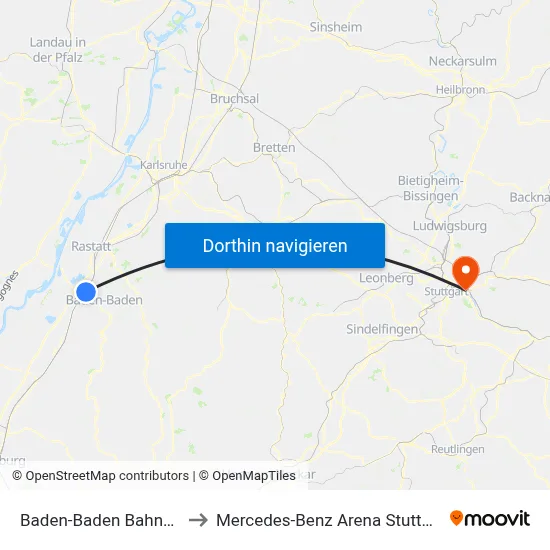 Baden-Baden Bahnhof to Mercedes-Benz Arena Stuttgart map