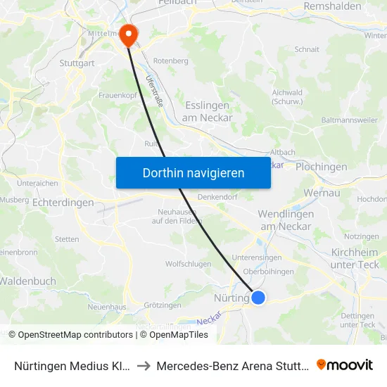 Nürtingen Medius Klinik to Mercedes-Benz Arena Stuttgart map