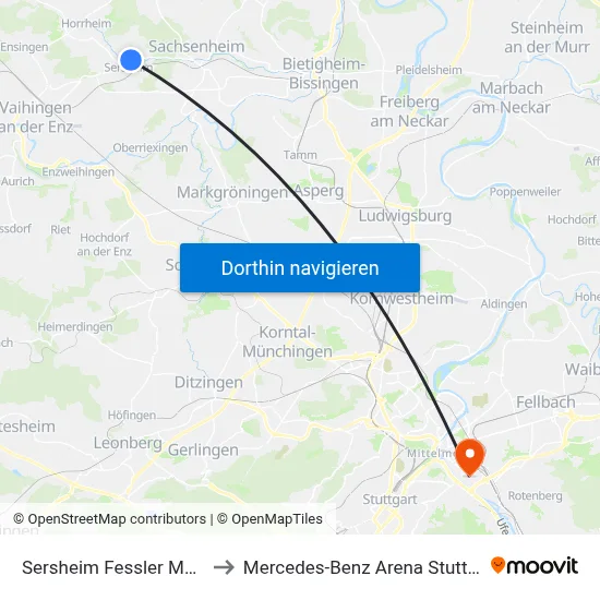 Sersheim Fessler Mühle to Mercedes-Benz Arena Stuttgart map