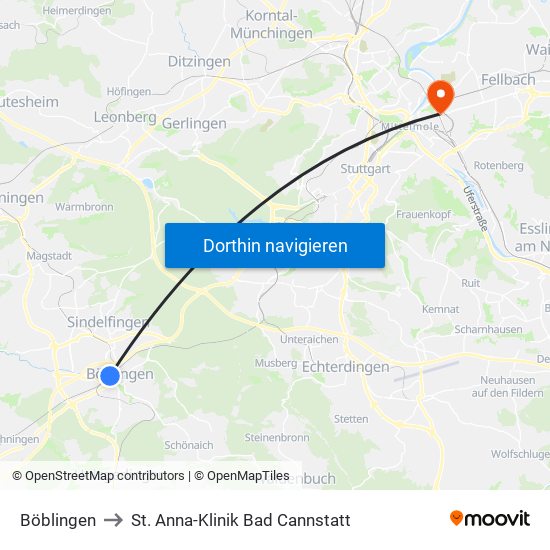 Böblingen to St. Anna-Klinik Bad Cannstatt map