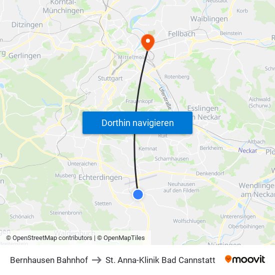 Bernhausen Bahnhof to St. Anna-Klinik Bad Cannstatt map