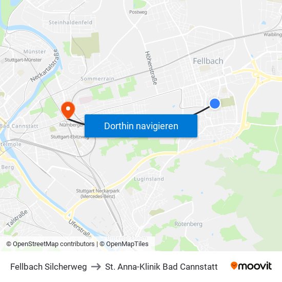 Fellbach Silcherweg to St. Anna-Klinik Bad Cannstatt map
