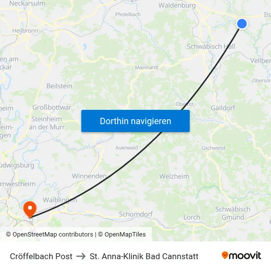 Cröffelbach Post to St. Anna-Klinik Bad Cannstatt map