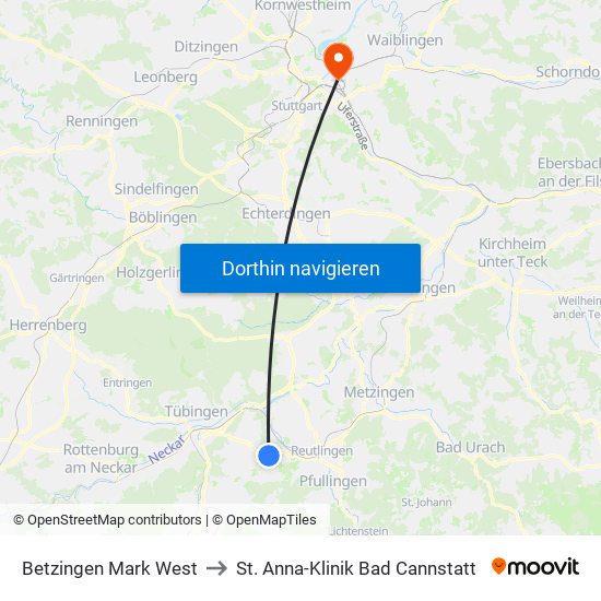 Betzingen Mark West to St. Anna-Klinik Bad Cannstatt map