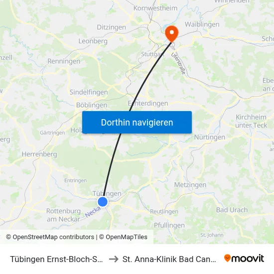 Tübingen Ernst-Bloch-Straße to St. Anna-Klinik Bad Cannstatt map