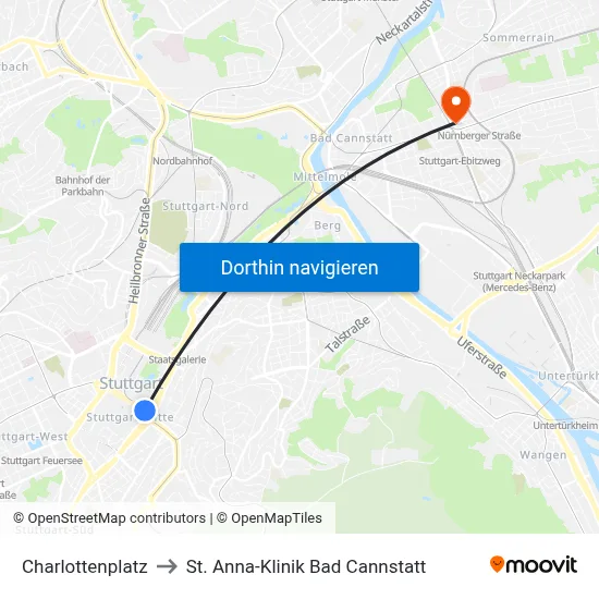 Charlottenplatz to St. Anna-Klinik Bad Cannstatt map