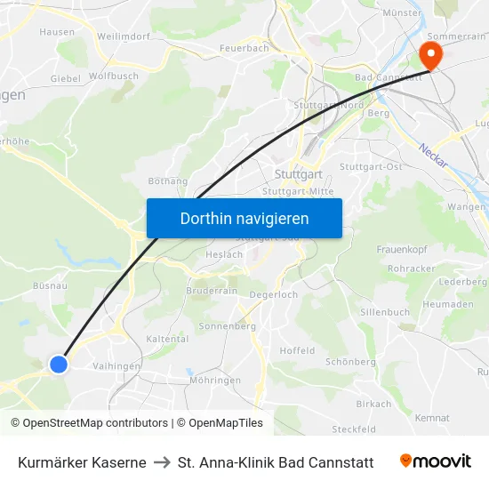 Kurmärker Kaserne to St. Anna-Klinik Bad Cannstatt map