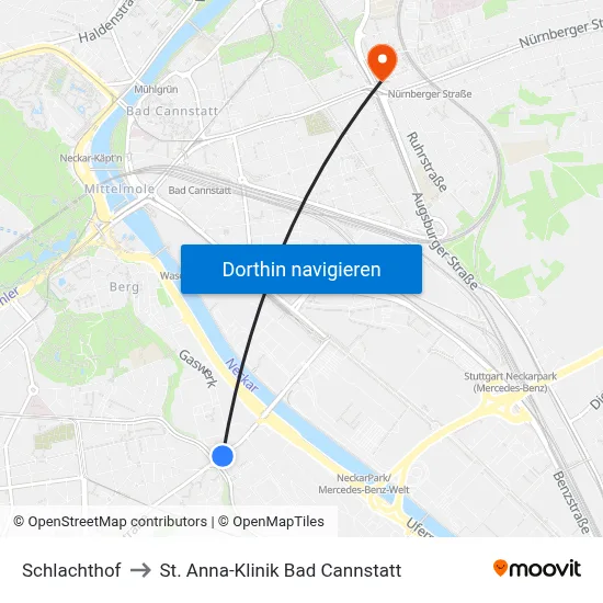 Schlachthof to St. Anna-Klinik Bad Cannstatt map